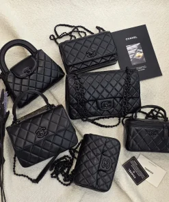 Chanel black quilted leather handbags in mini, small, and medium sizes