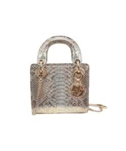 Close-up of Dior Medium Lady Dior bag showcasing silver snakeskin multicolour leather design