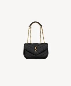 Black LOULOU micro bag made of soft lambskin leather with bronze chain strap and chevron quilting