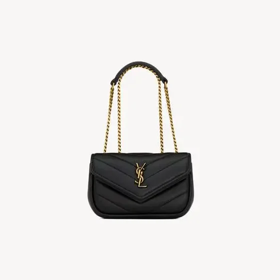 Black LOULOU micro bag made of soft lambskin leather with bronze chain strap and chevron quilting