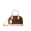 Front view of Alma BB handbag made of Monogram canvas, featuring gold-tone padlock and two leather handles