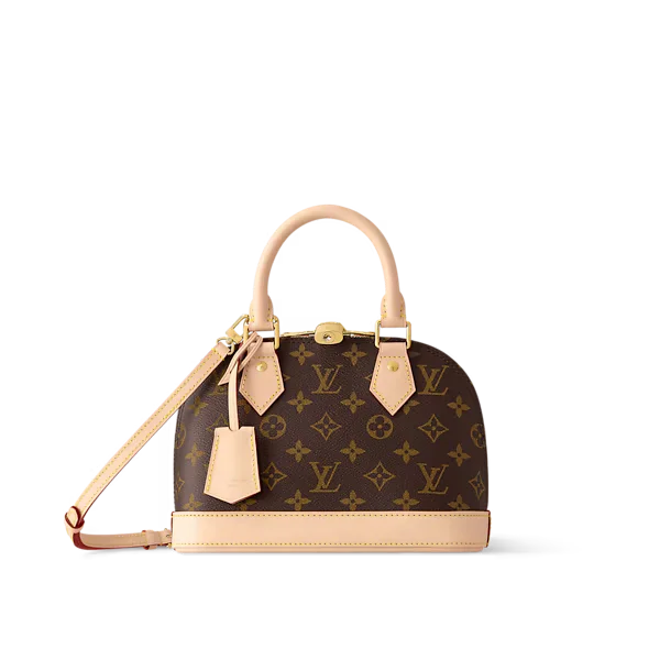 Front view of Alma BB handbag made of Monogram canvas, featuring gold-tone padlock and two leather handles