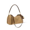 Side view of Louis Vuitton Express MM bag showcasing soft Hazelnut suede and adjustable cowhide leather strap.