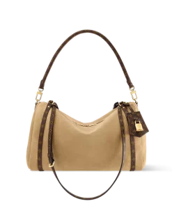 Louis Vuitton Express MM suede bag in warm Hazelnut color with gold hardware on white background.