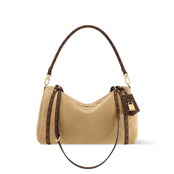Louis Vuitton Express MM suede bag in warm Hazelnut color with gold hardware on white background.