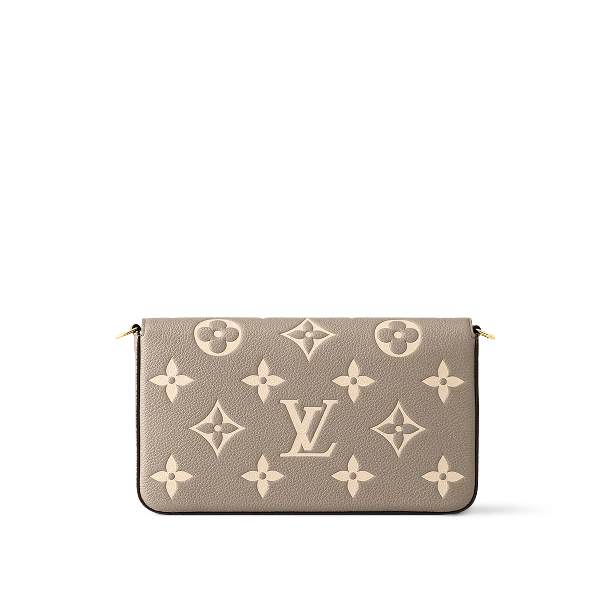 Front view of Louis Vuitton Pochette Félicie in light grey Monogram Empreinte leather