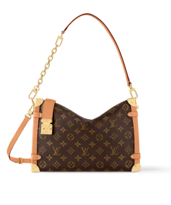 Close-up of the gold chain strap and S-lock zip closure on Louis Vuitton Side Trunk GM