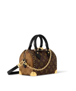 Woman carrying Louis Vuitton Speedy Trunk 20 crossbody bag in brown Monogram canvas and leather trim