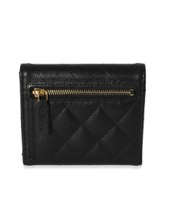 Back view of Chanel Classic Trifold Compact Wallet in black quilted caviar leather showing smooth rear surface and gold zipper pocket