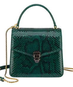 Front view of Bvlgari Serpenti Forever small top handle bag in Forest Emerald green python leather with gold snakehead closure