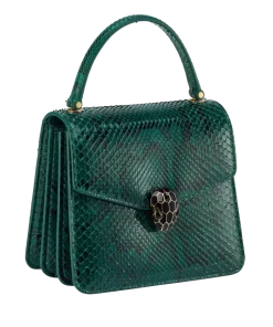 Side view of Bvlgari Serpenti Forever small top handle bag showing snake body chain strap and Forest Emerald green python skin