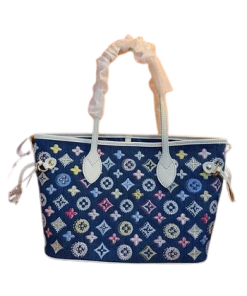 Women’s denim monogram tote bag with zipper closure and detachable shoulder strap