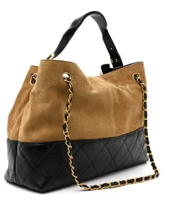 Chanel shopping tote bag in beige suede calfskin with black leather handles and gold hardware