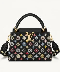 Black leather Louis Vuitton Capucines Medium bag with colorful beaded monogram