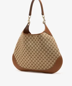 Brown Gucci B medium shoulder bag in Original GG canvas with leather trim