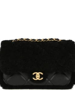 Chanel black shearling quilted flap bag with lambskin leather and brushed gold hardware