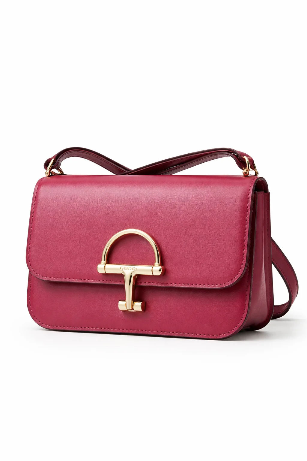 Front view of hot pink Gucci Siena small shoulder bag with gold hardware