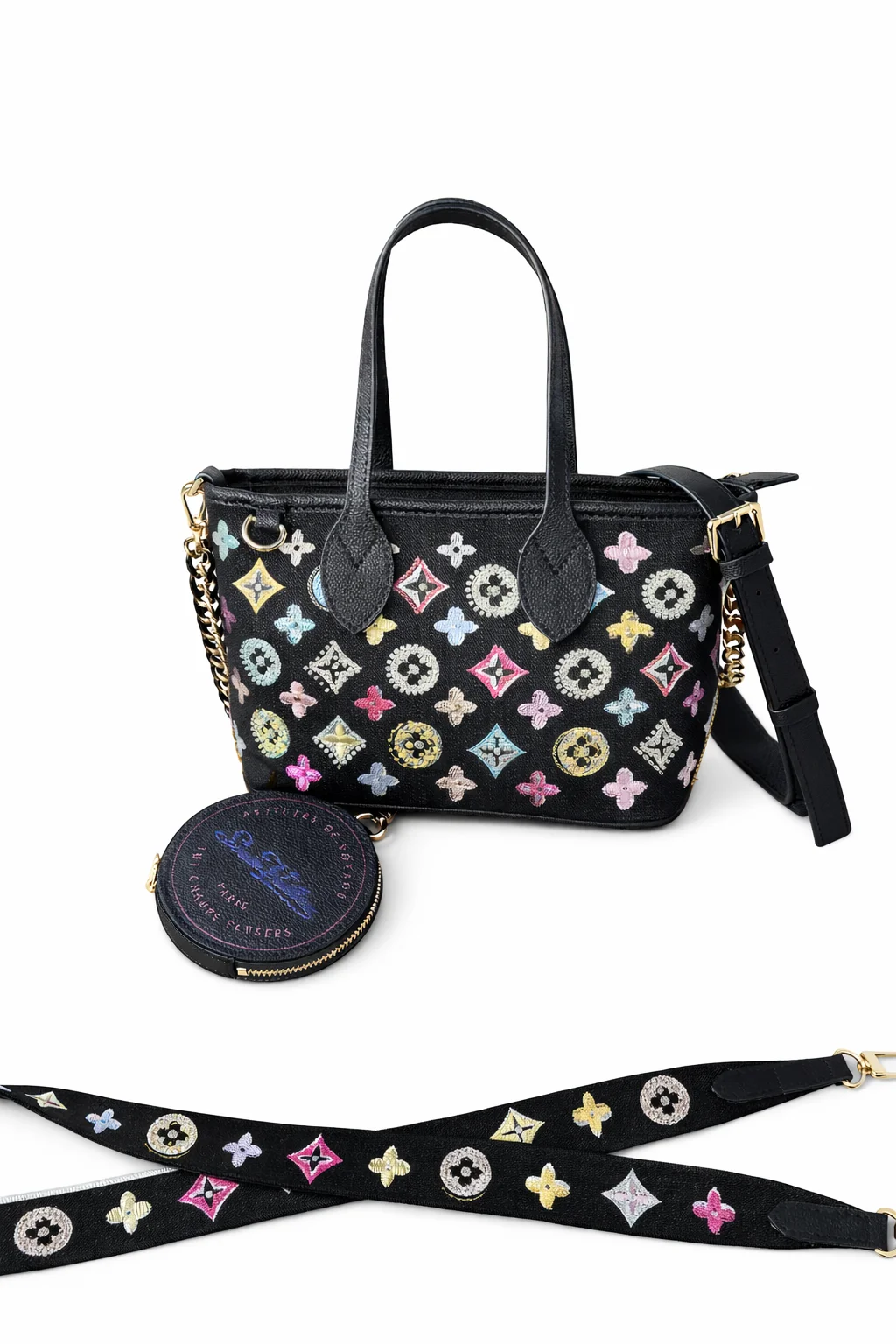 Designer denim monogram mini tote bag with leather handles and detachable strap