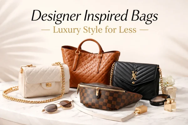 Designer-inspired bags, including totes, crossbody bags, and leather handbags, offering affordable luxury and premium style for women