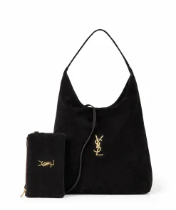 Suede leather bucket shoulder bag with matching pouch and logo detail