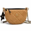 tan camel brown velvet-effect nylon clutch with gold chain strap – luxury mini handbag