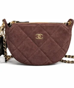 Brown velvet-effect nylon clutch with gold chain strap, luxury mini handbag