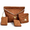 Brown quilted suede Chanel handbag set with matching pouch and gold chain details