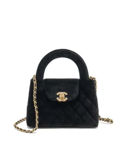 Black velvet mini top handle handbag with gold hardware