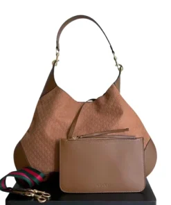 Brown Gucci GG suede B large shoulder bag with leather trim