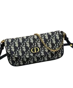 Front view of Dior 30 Montaigne D-Vine Chain Pouch in jacquard fabric with gold CD logo
