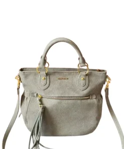 Front view of grey Miu Miu suede mini tote handbag with shoulder strap