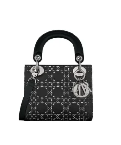 Black satin Mini Lady Dior bag with sparkling rhinestone embroidery and silver-tone hardware