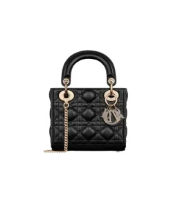 Black calfskin Mini Lady Dior bag featuring signature Cannage quilting and gold-finish D.I.O.R. charms