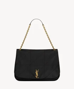 Front view of Yves Saint Laurent Kate luxury flap bag in black leather with chain shoulder strap and YSL logo