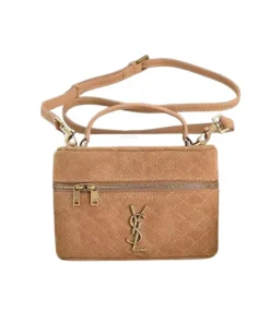 Soft tan lambskin Saint Laurent GABY vanity bag with bronze-tone hardware and quilted stitching