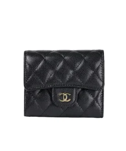 Front view of Chanel Classic Trifold Compact Wallet in black quilted caviar leather with gold CC logo