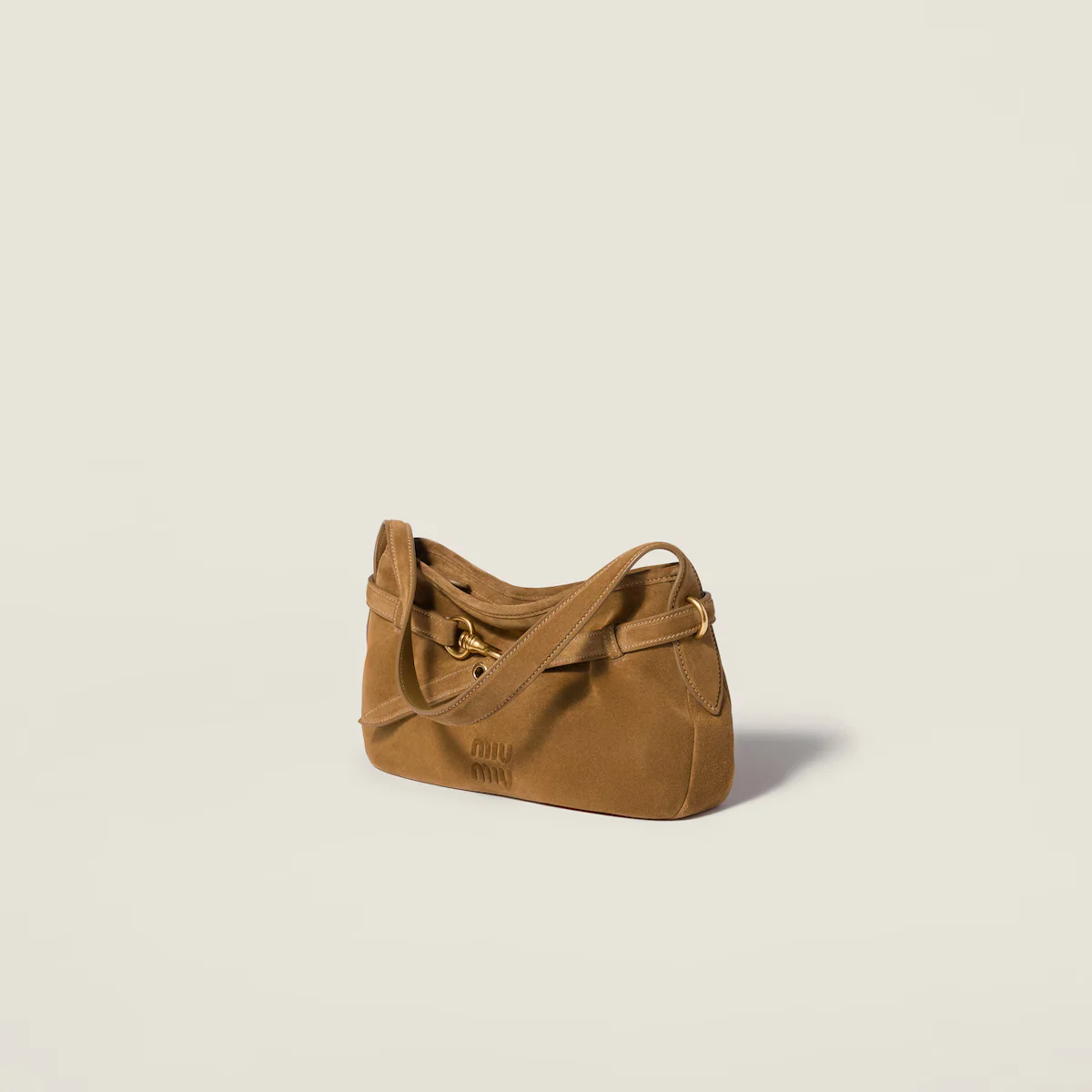 suede shoulder bag with gold-tone hardware and zipper closure