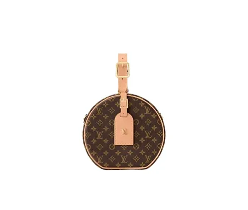 Front view of Louis Vuitton Petite Boite Chapeau Monogram canvas mini bag with gold hardware