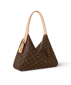Side profile of brown Louis Vuitton Slouchy MM handbag with leather trim
