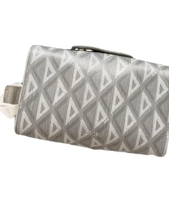 Grey CD Diamond canvas Dior crossbody bag with silver strap in luxury packaging