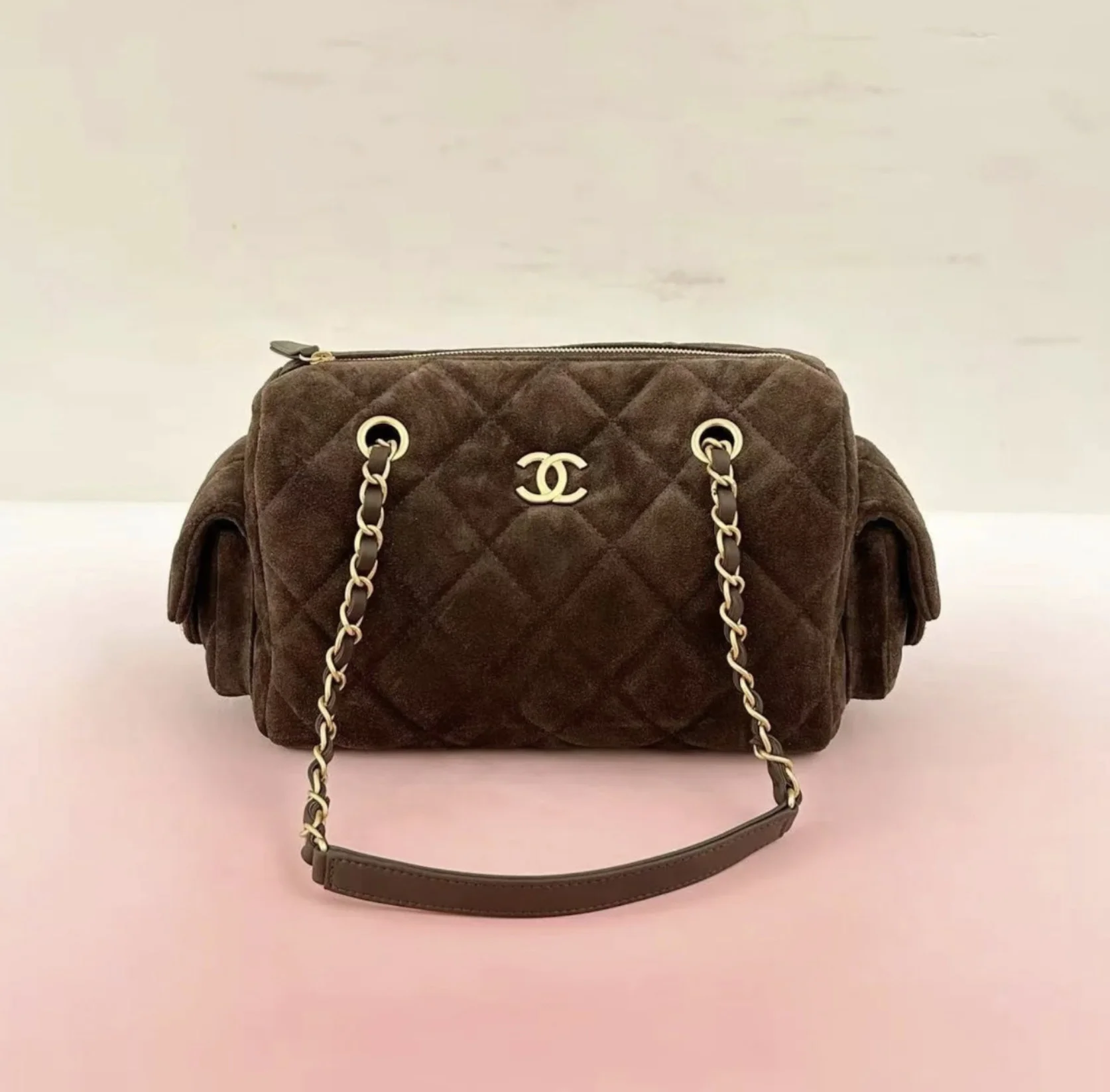Chanel 25 collection dark grey suede bowling bag with quilted leather and gold accents
