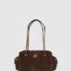 Chanel small bowling bag in dark brown suede with quilted design and antique gold hardware
