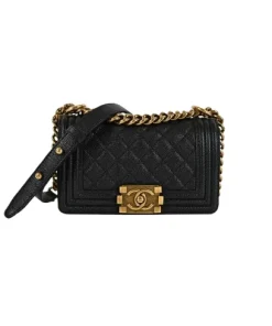 Front view of black Chanel Small Boy Bag in caviar leather with aged gold hardware