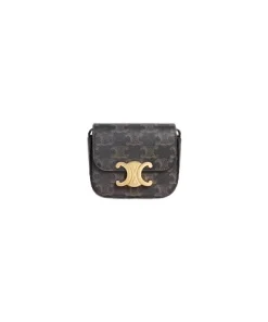 Elegant Celine Mini Claude Bag in Triomphe canvas and tan calfskin, compact and stylish for daily carry.