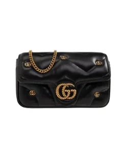 Front view of black Gucci GG Marmont small leather shoulder bag with gold Double G logo