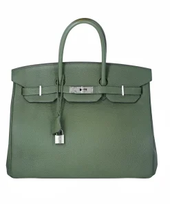 Olive green Birkin style Togo leather handbag with elegant structured silhouette and top handles