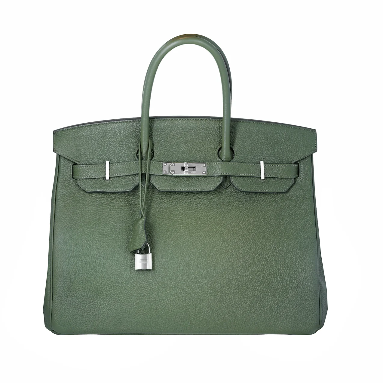 Olive green Birkin style Togo leather handbag with elegant structured silhouette and top handles