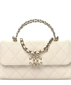 White Chanel Kelly caviar quilted crossbody phone holder bag with gold chain strap