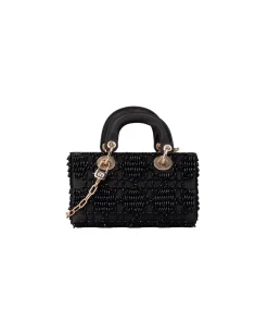 Black beaded Dior mini Lady Dior satin bag with crystal pattern
