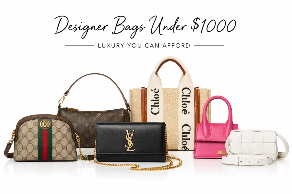 Collection of designer bags under $1000, including Gucci, Louis Vuitton, Chloé, YSL, Jacquemus, Dior, and Bottega Veneta, on a clean white background
